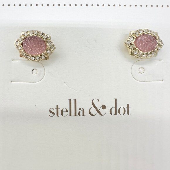 Stella & Dot Gold Necklace and Earrings Pink Druzy Stone Crystal Accents in Box - Picture 5 of 9